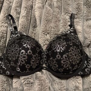 Elegant Black and Silver Floral Lace Bra